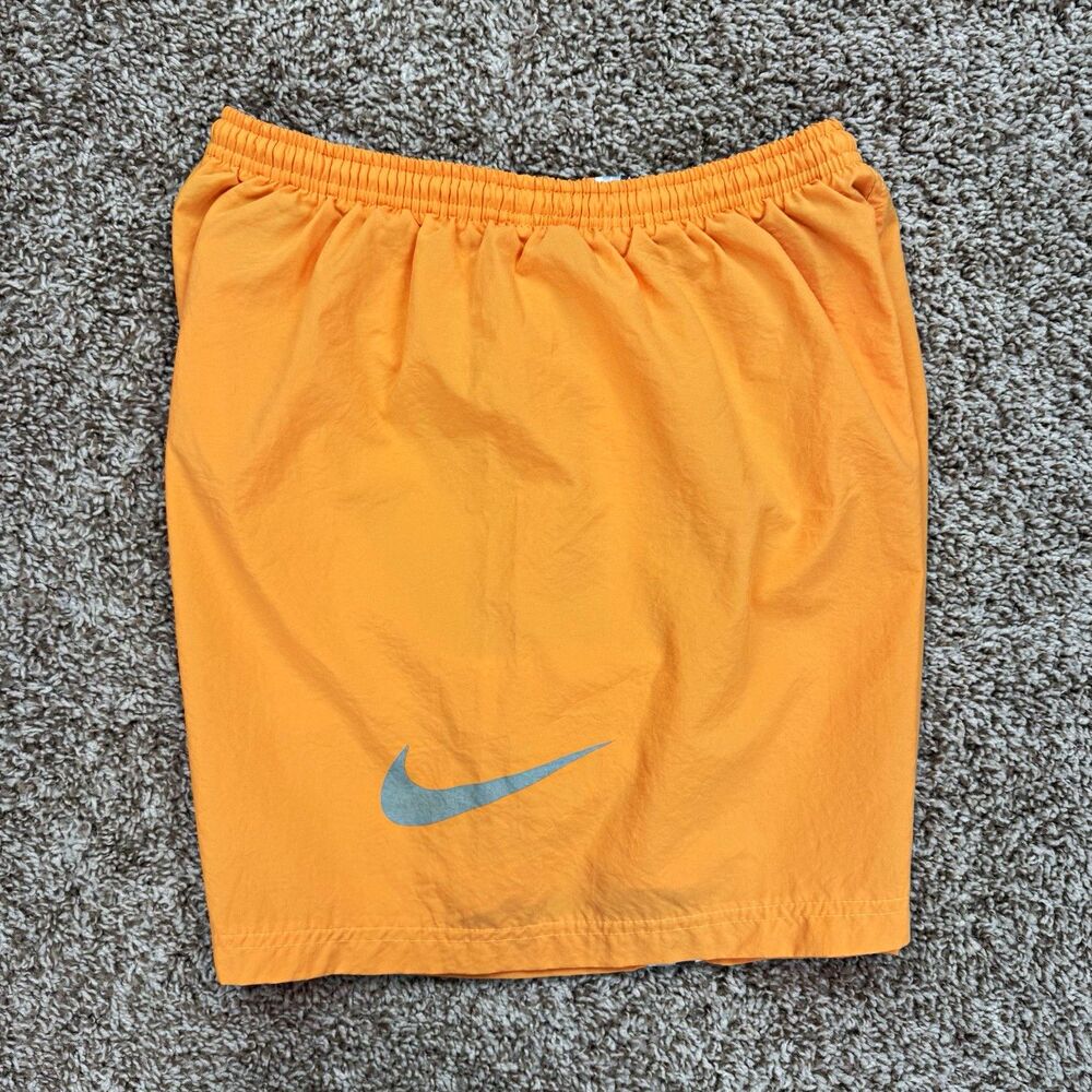 Vintage Y2K Nike Woven Shorts Youth M 8-10 Orange Side Tape Spell Out Swoosh